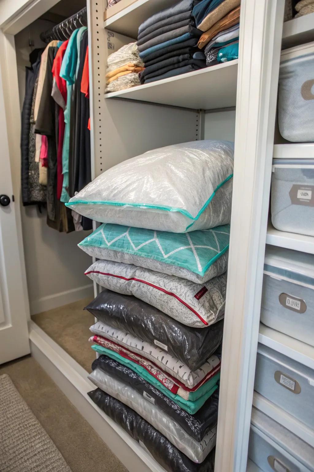 Compression storage pouches compress and structure voluminous items efficiently.