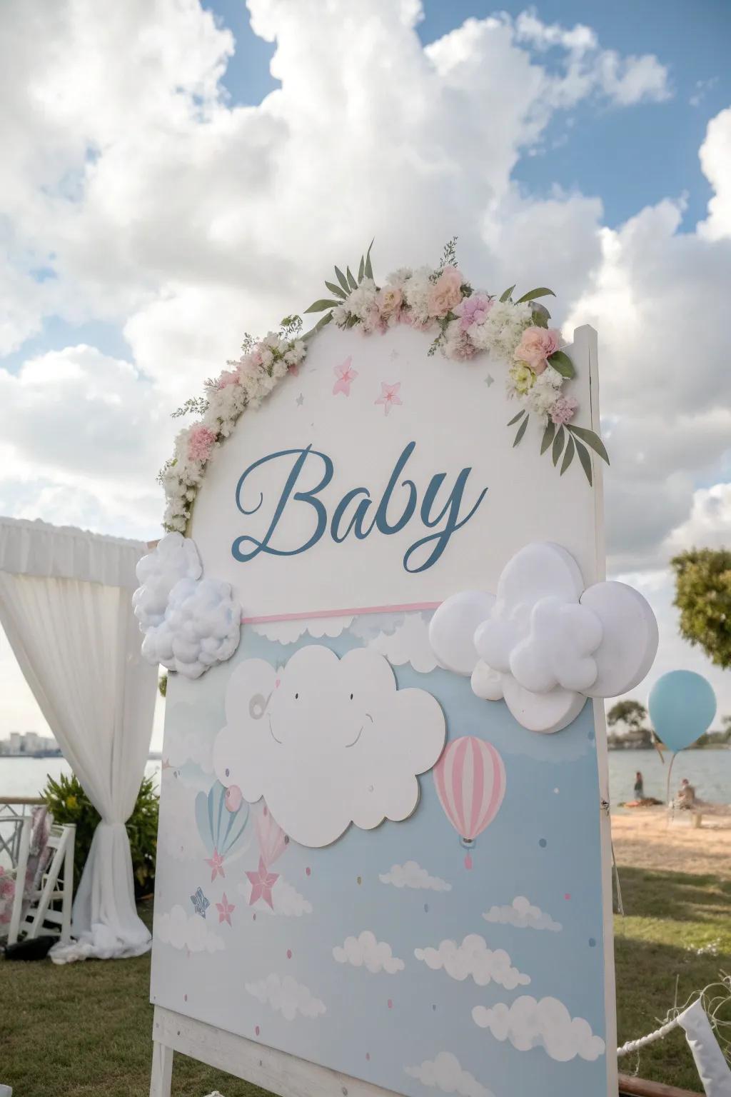 Personalized sky signs add a meaningful touch to the baby shower decor.
