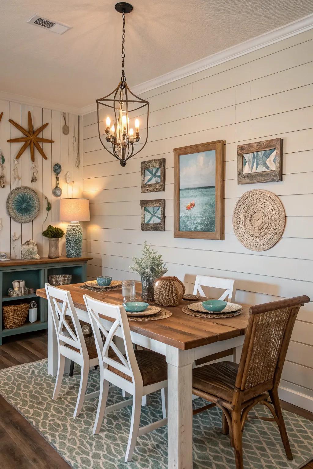 A feature wall adds character and anchors the dining room.