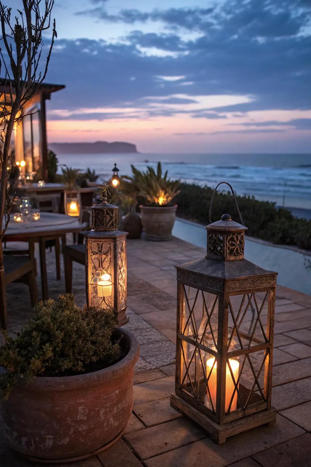 Earthy metal lanterns sculpt a snug radiance for outdoor expanses.