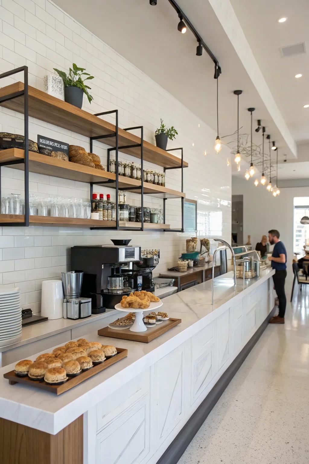 Floating shelves provide a minimalist and efficient way to display your coffee essentials.