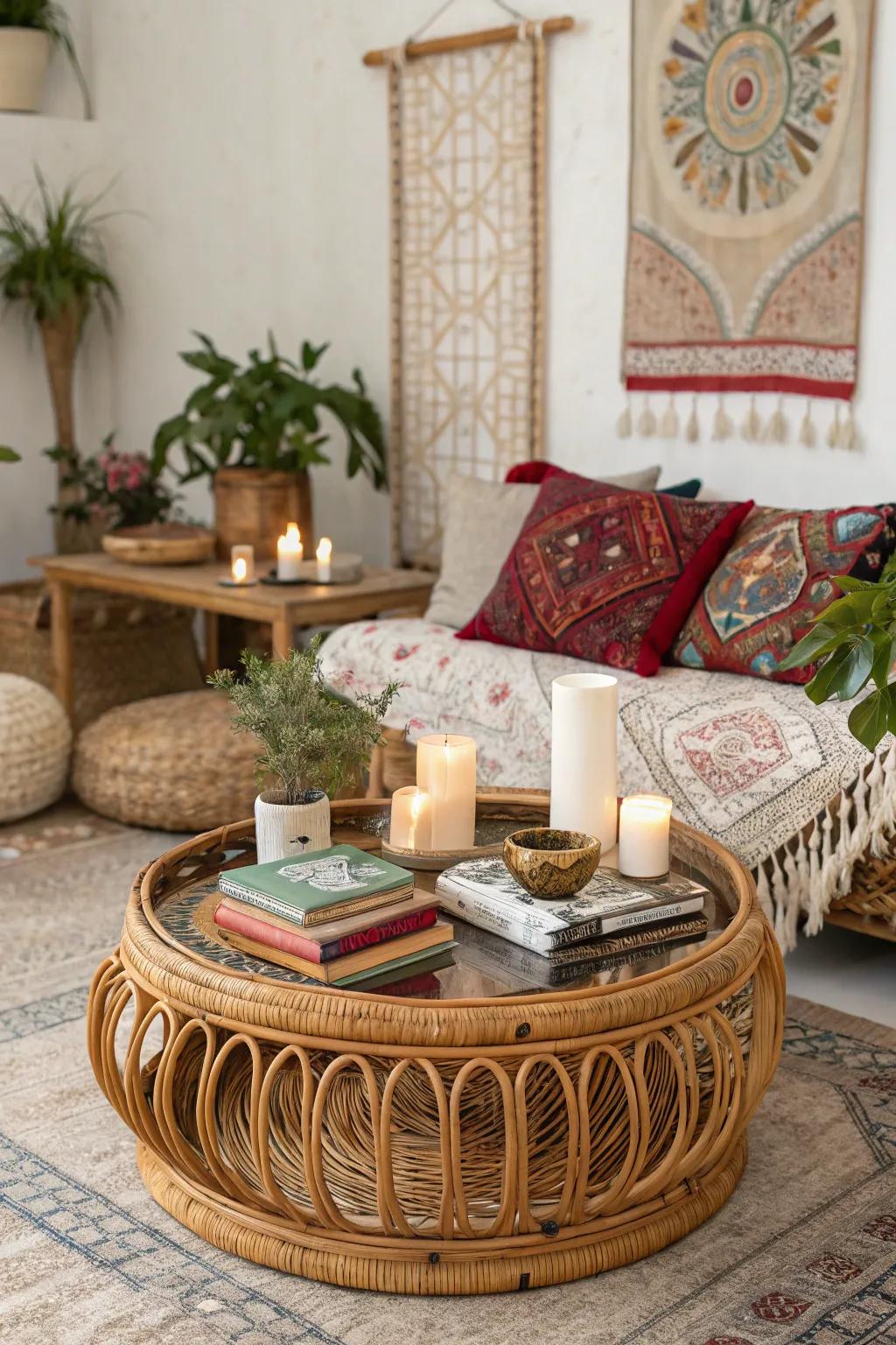 Woven and cane add warmth and texture for a cozy vibe.