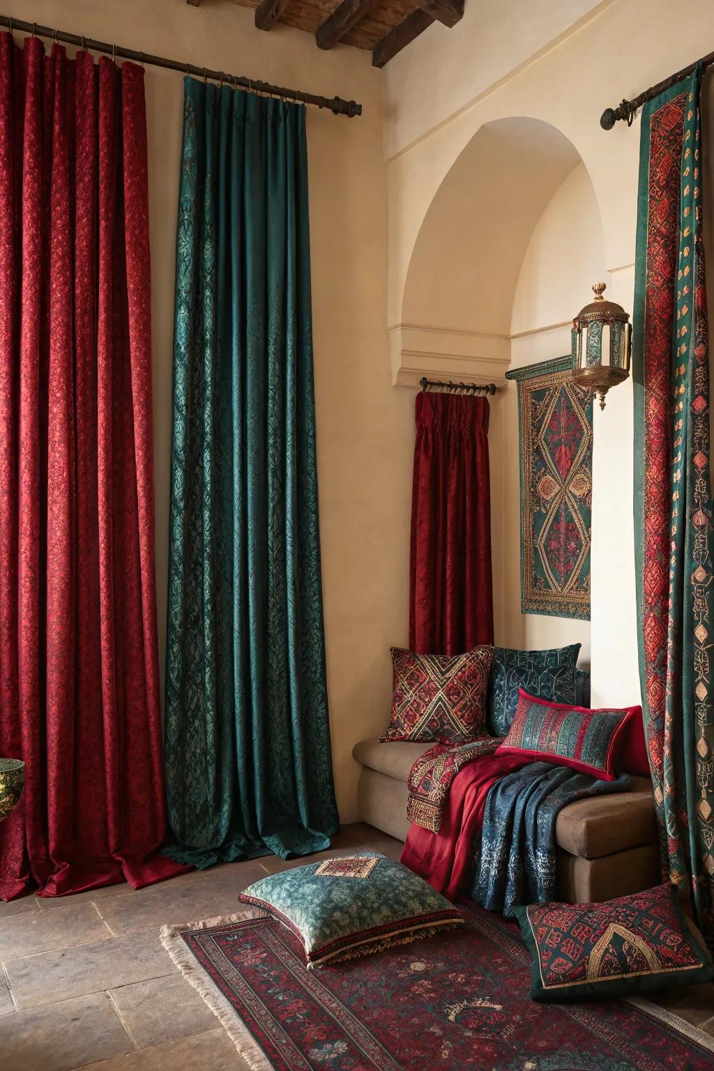 Bold jewel-toned curtains add a dramatic flair to a cozy apartment.