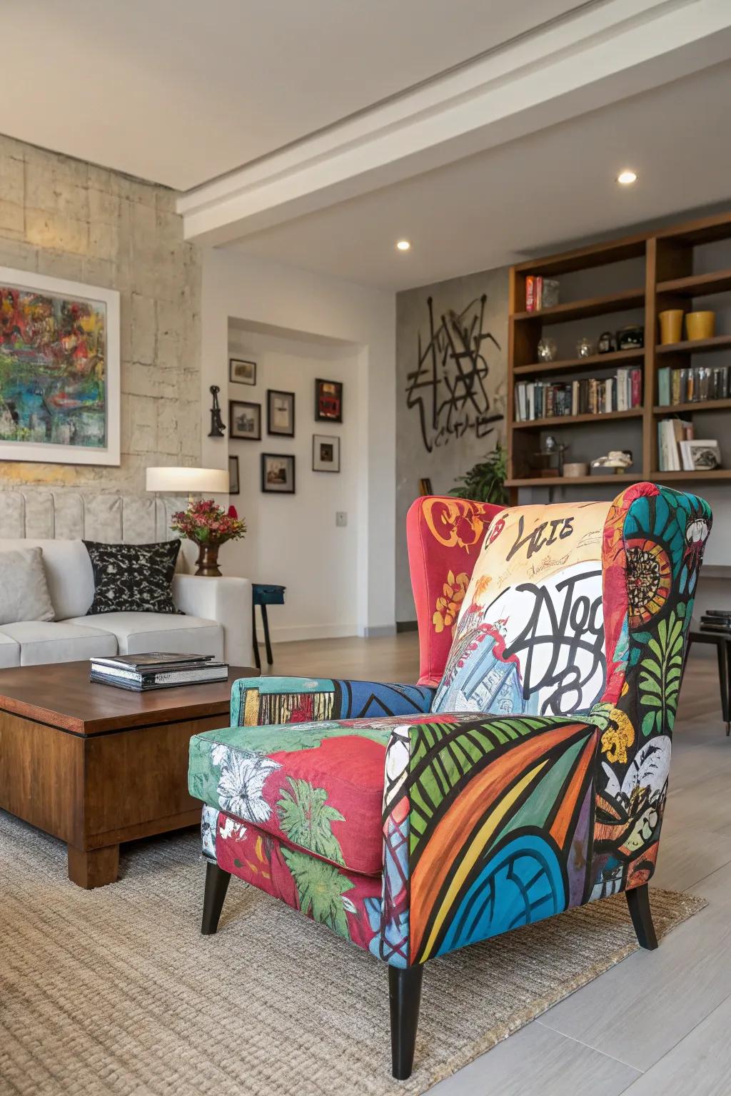 A living room displaying graffiti-designed furniture as the focal point.