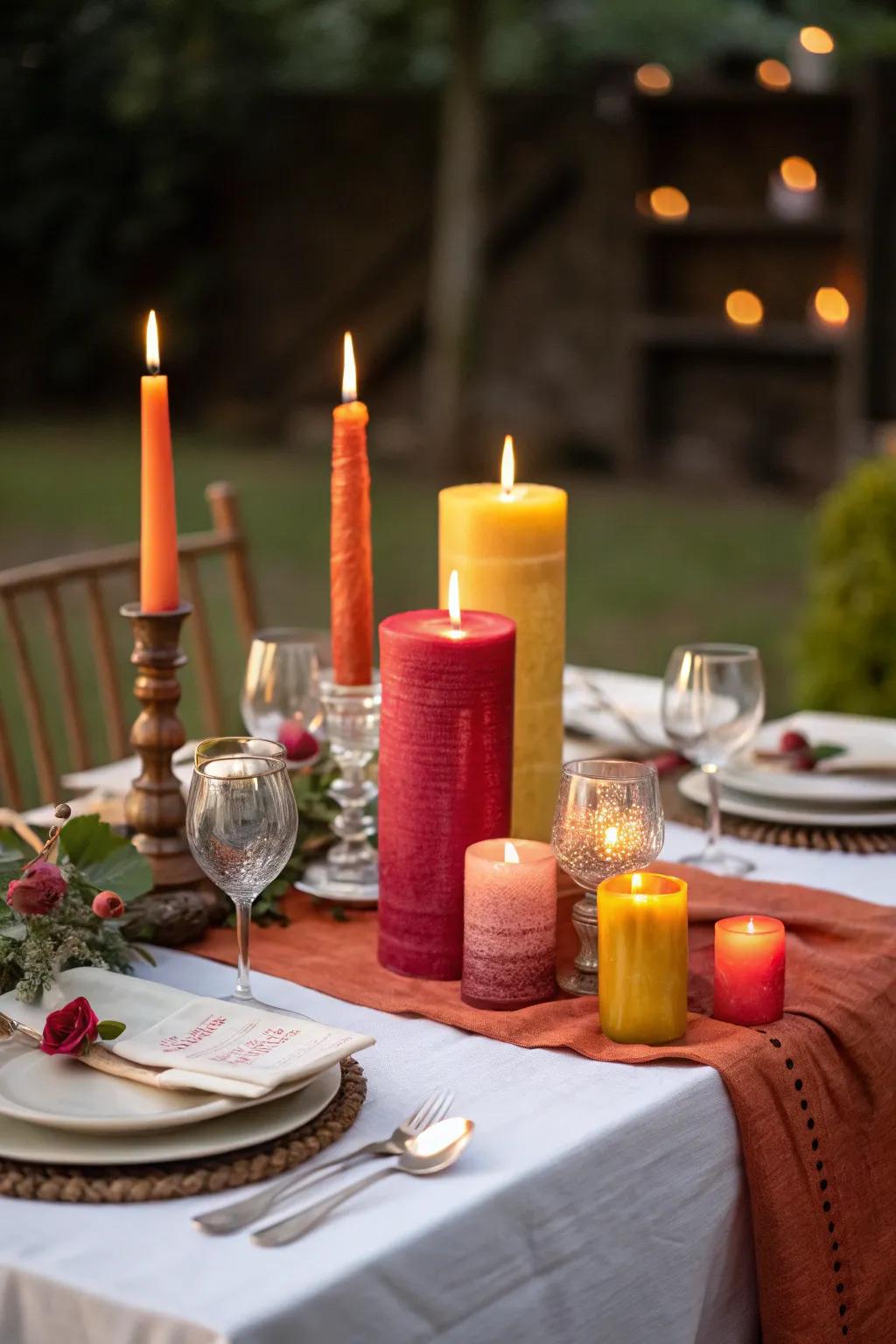 An intimate candlelit supper featuring vividly colored lights.