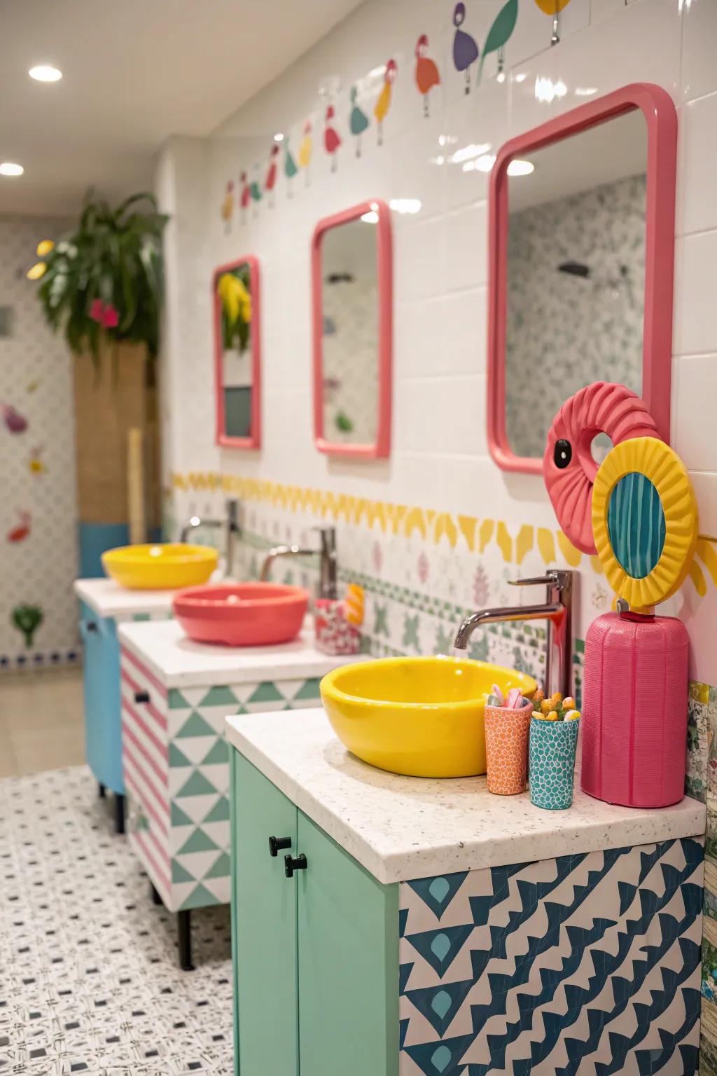 Colorful fixtures introduce a playful aspect to this powder room.