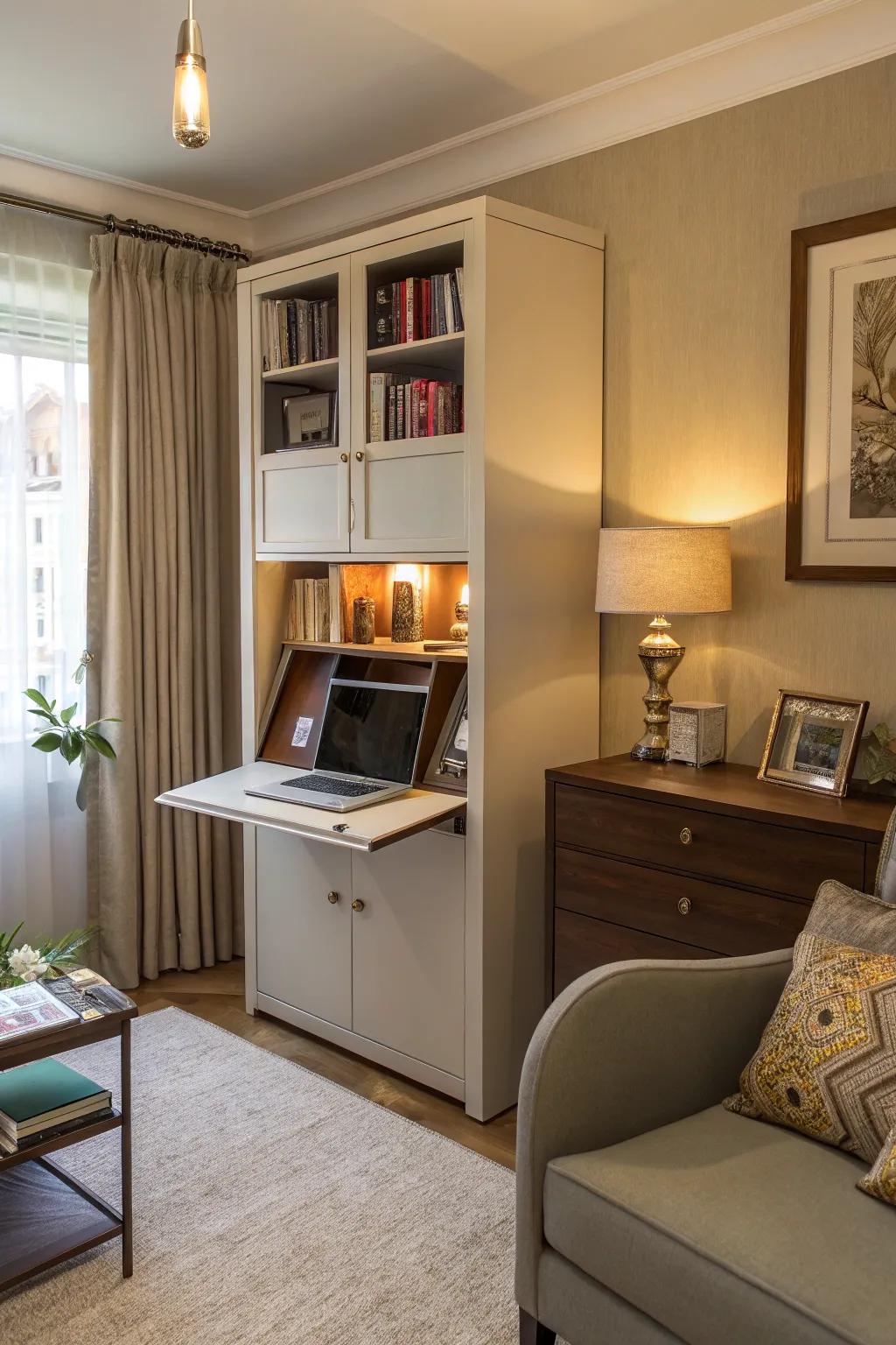 A hidden office keeps the living room looking uncluttered.