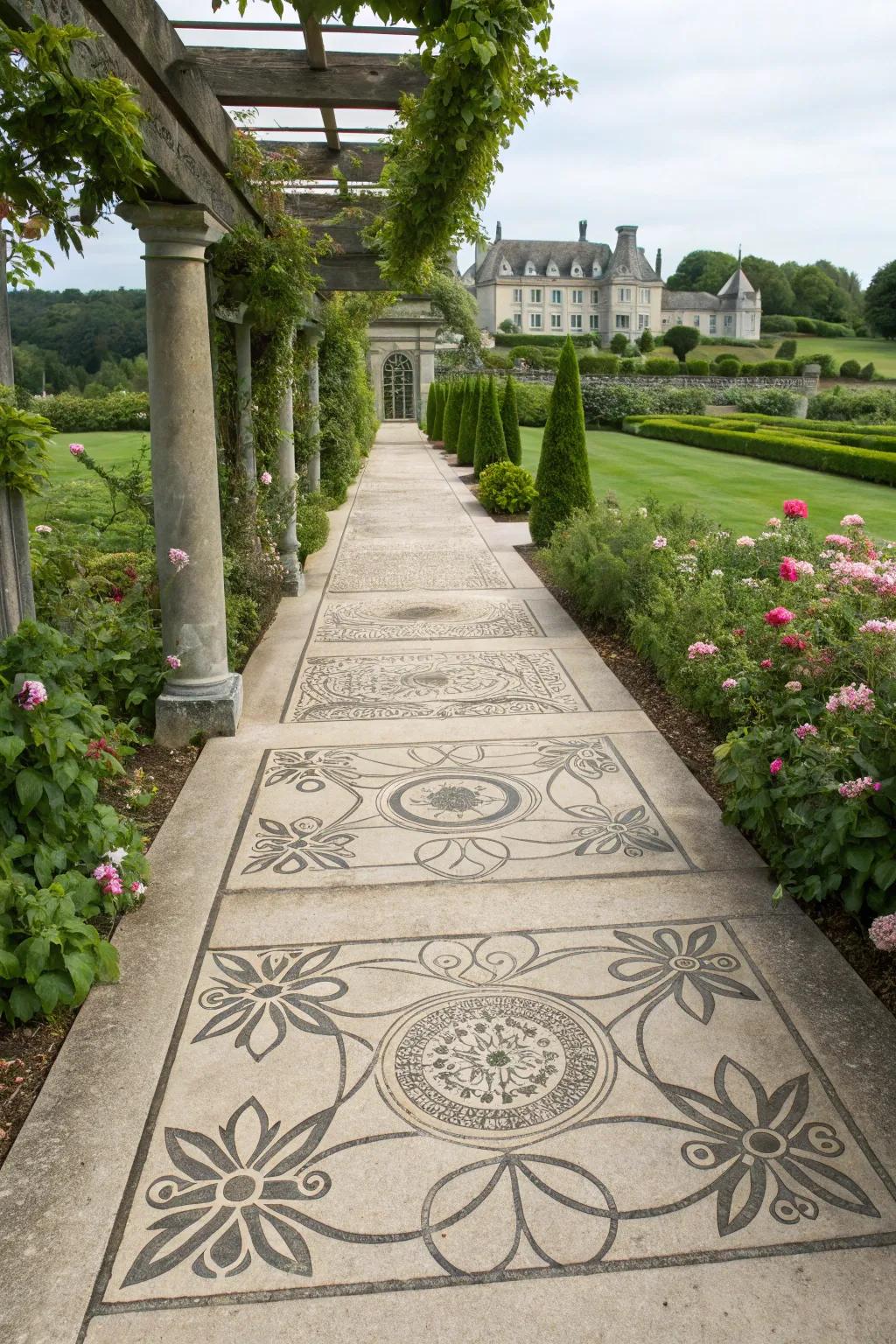 Saw-cut patterns turn walkways into artistic statements.