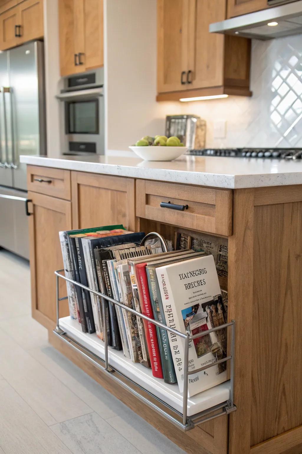 Recessed racks are a space-saving solution for cookbook arrangement.
