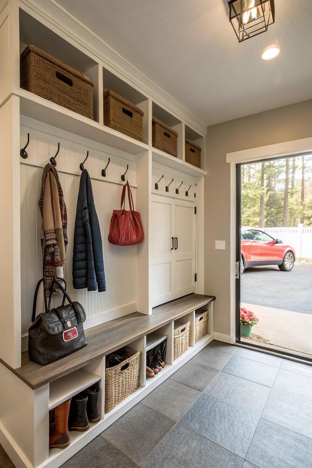A garage mudroom keeping outdoor gear organized.