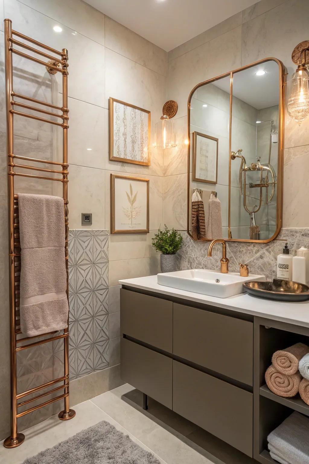 The overall look is improved by copper-finished accessories.