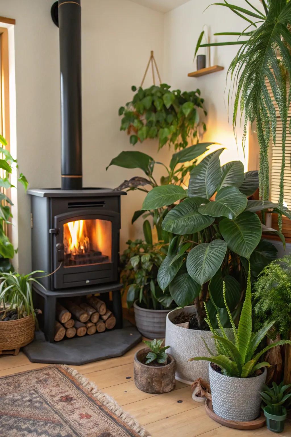 Greenery softens the area around your firebox.