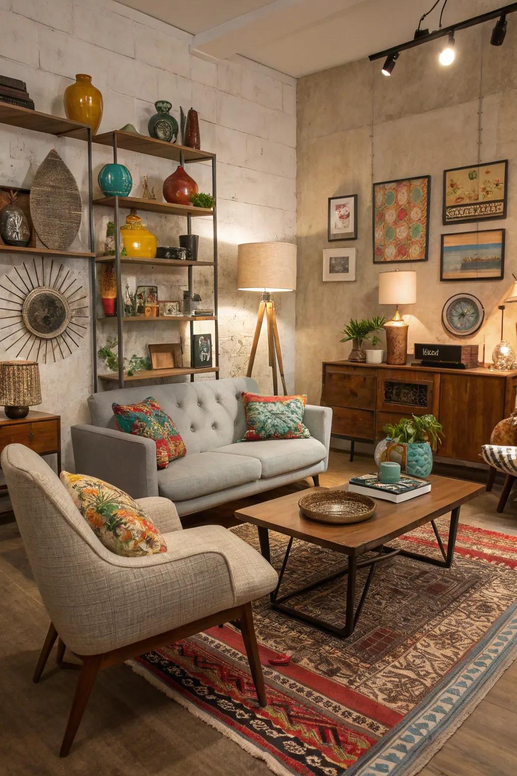 An eclectic mix of styles creates a curated yet personal look.