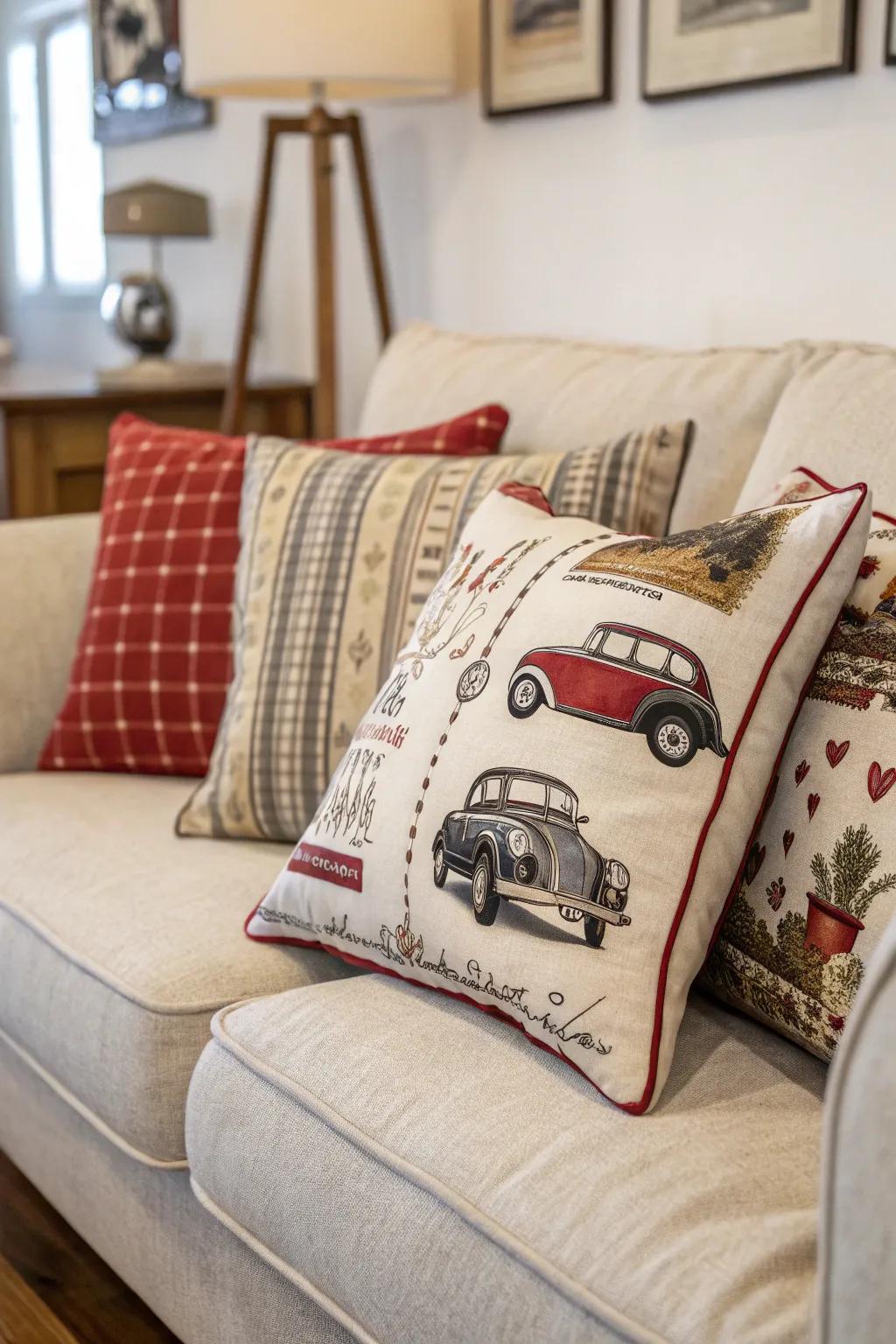 Vintage cushions add nostalgic charm to the décor.