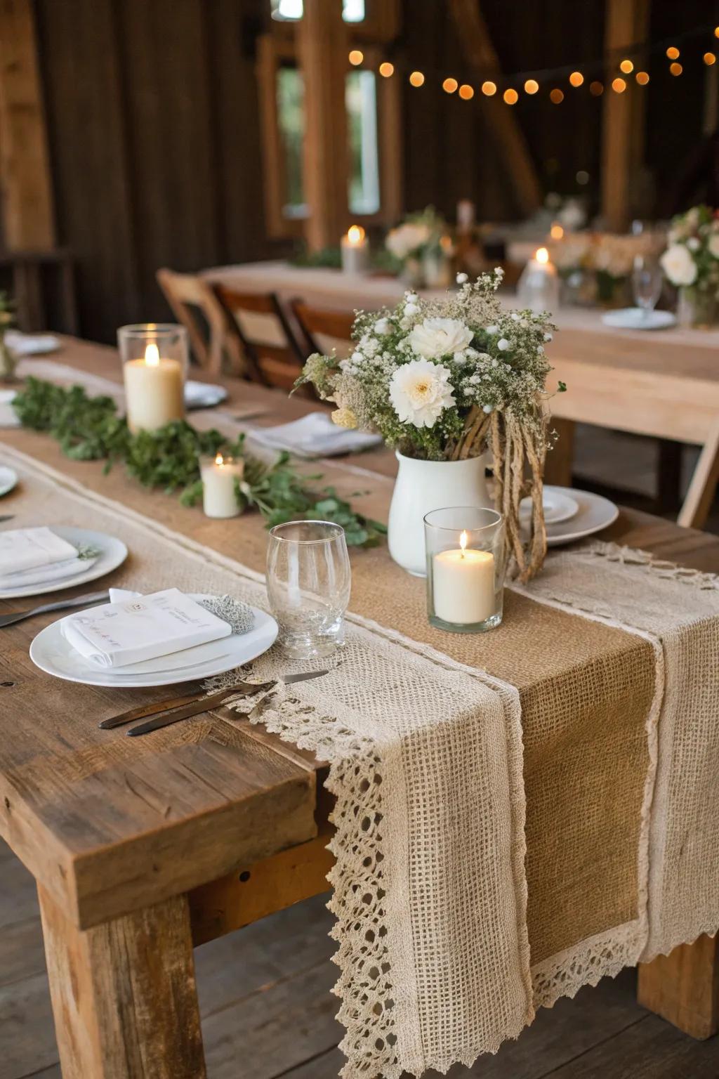 Rustic wedding design featuring sacking table runners for added texture.