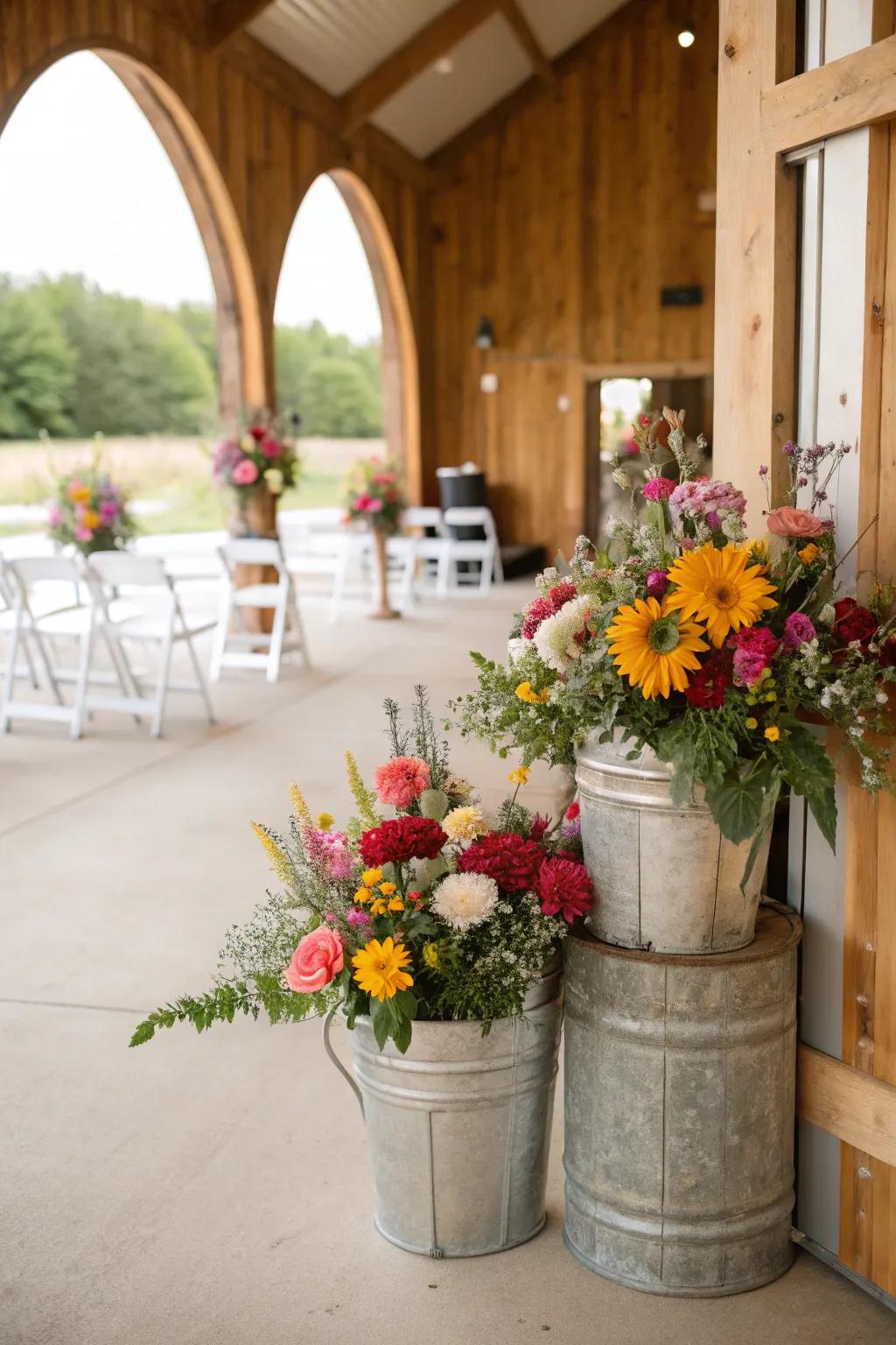 Coated pails filled with blooms introduce a farm-fresh nuance.