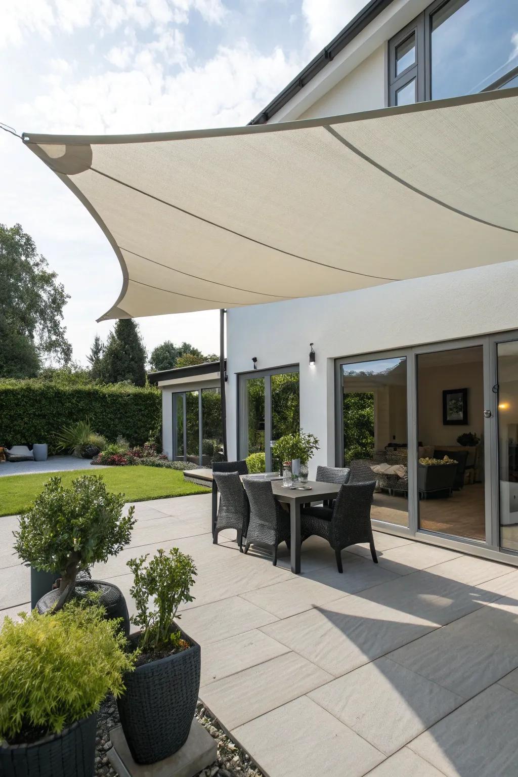 A material shield provides an easy and stylish way to cover your patio.