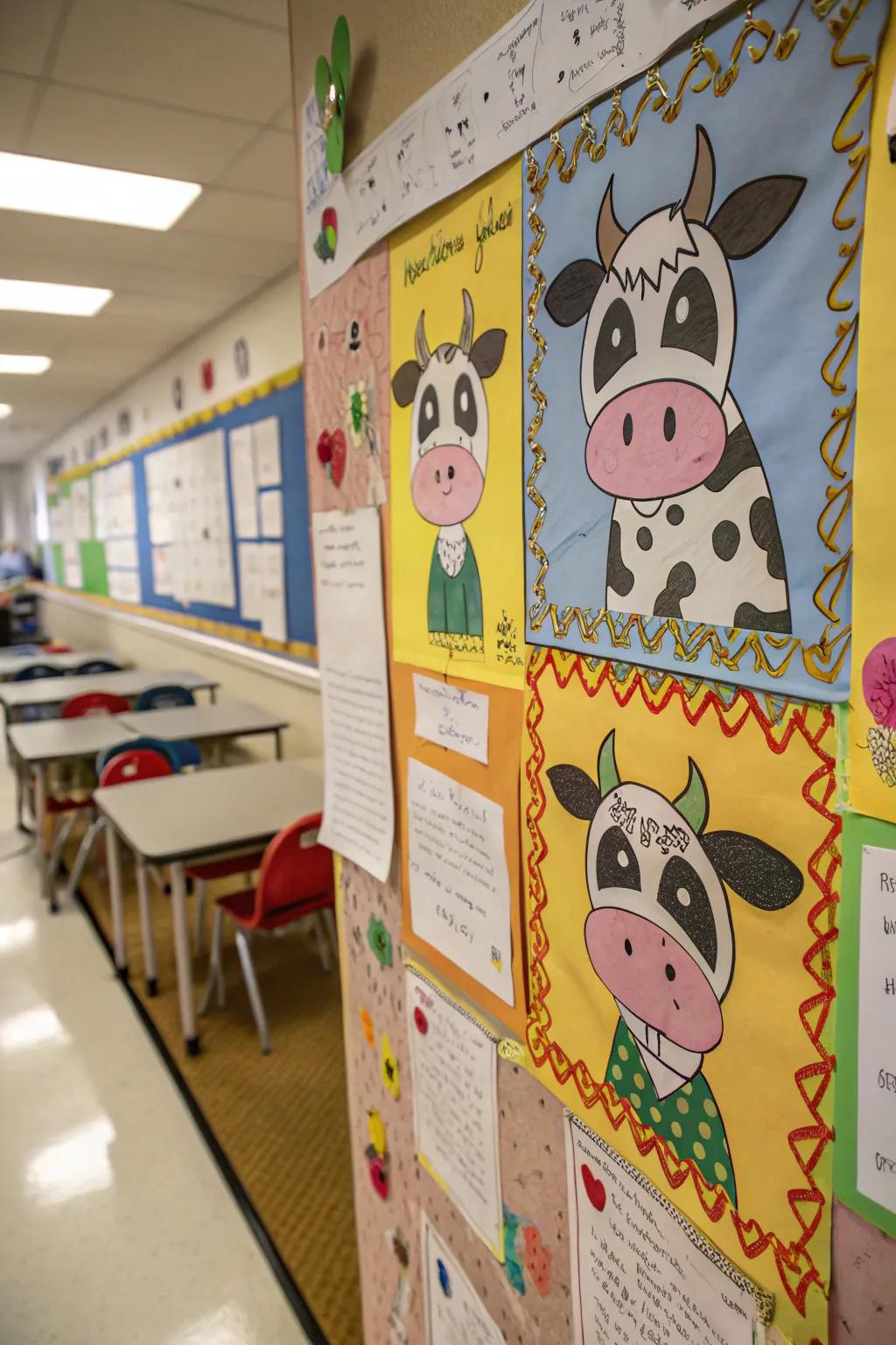 A 'Design Your Own Bovine' bulletin board showcasing learner artwork