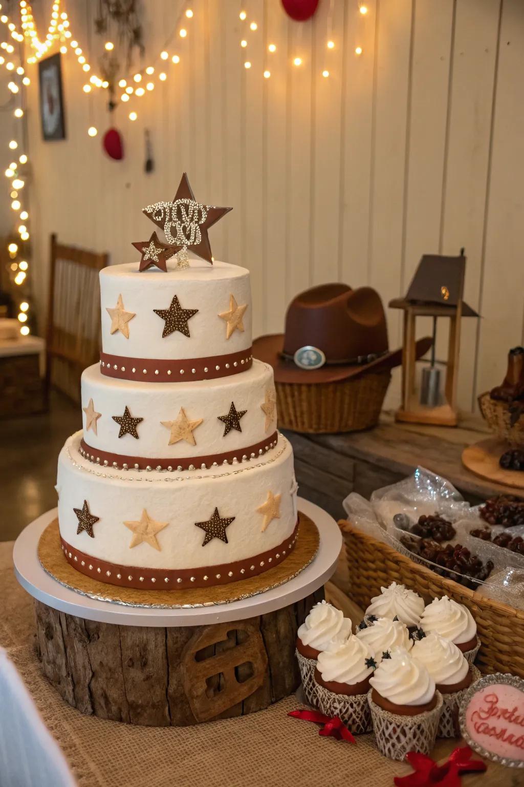 Western star highlights impart sparkle and charm to this cowgirl baby shower cake.
