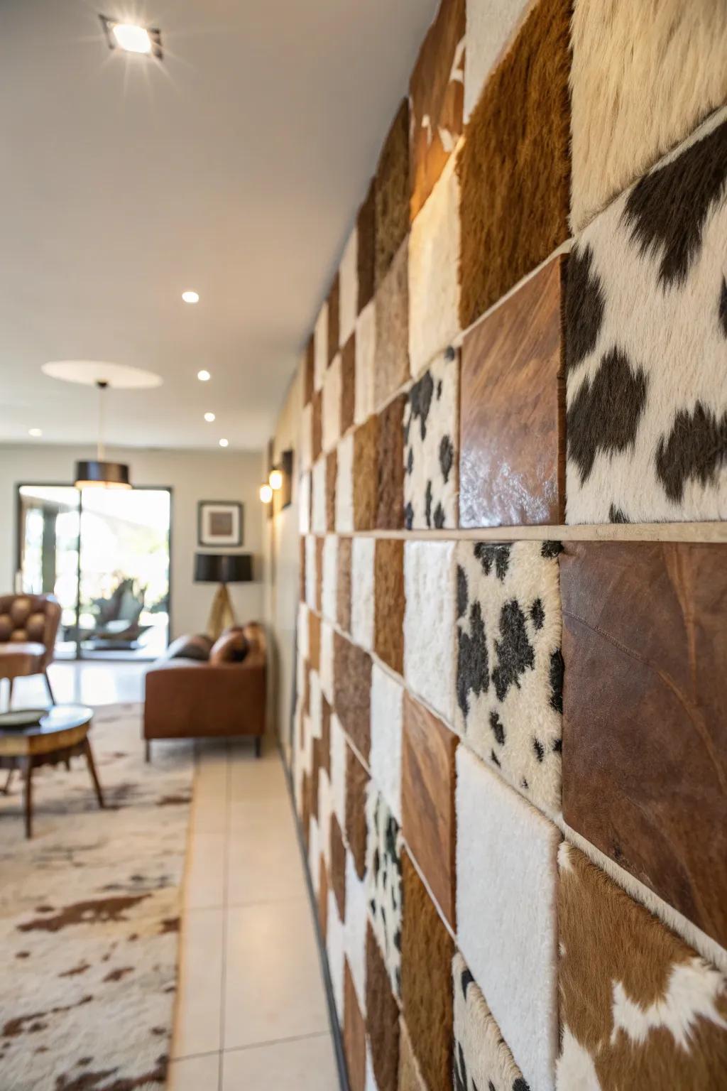 A dramatic accent wall entirely covered in cowhide.