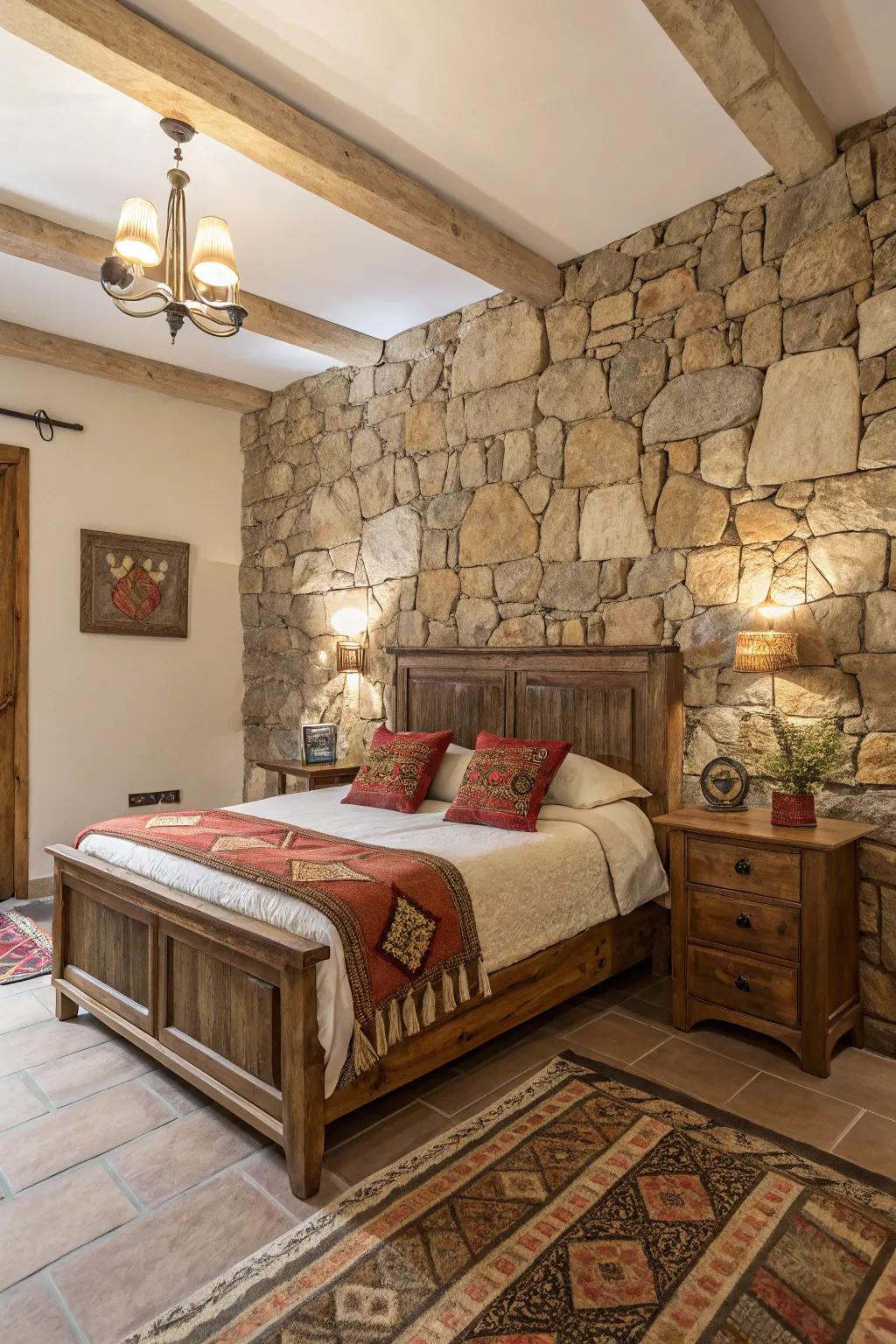 A bedroom featuring a dramatic rock face wall feature.