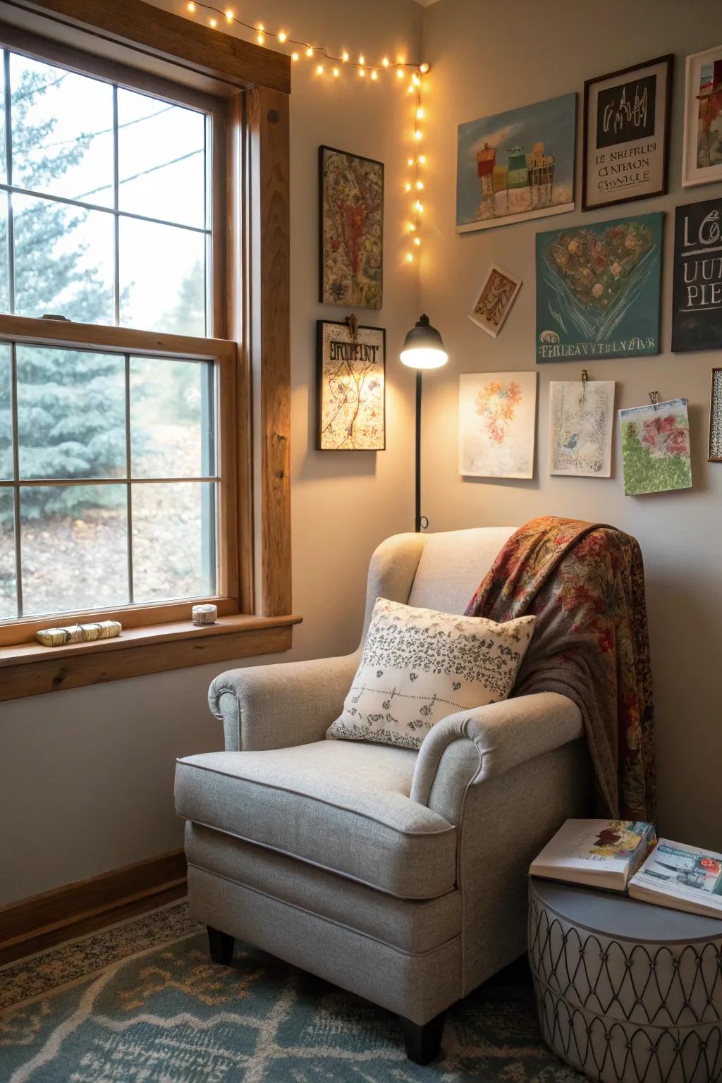 Artwork introduces a personal and inspiring touch to this comfortable reading corner.