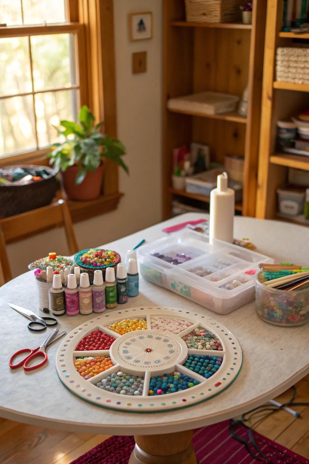 A variety of small objects are easily accessible with lazy Susans.