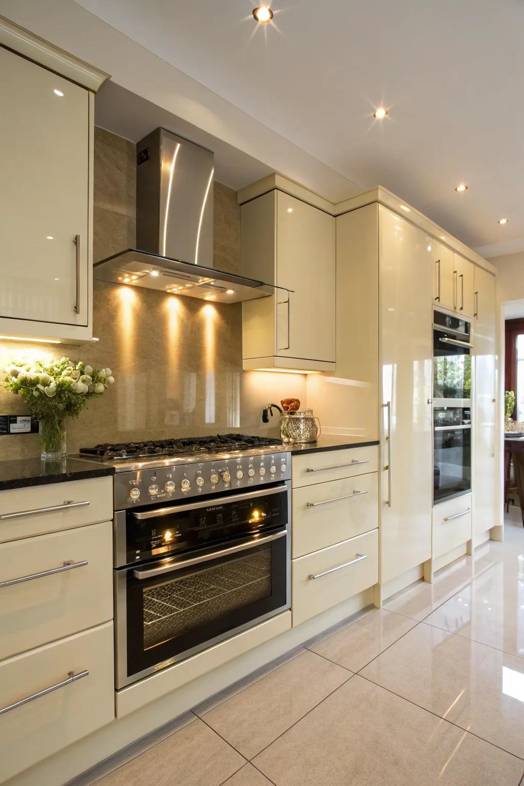 A prime appliance becoming a key feature in a cream gloss kitchen.