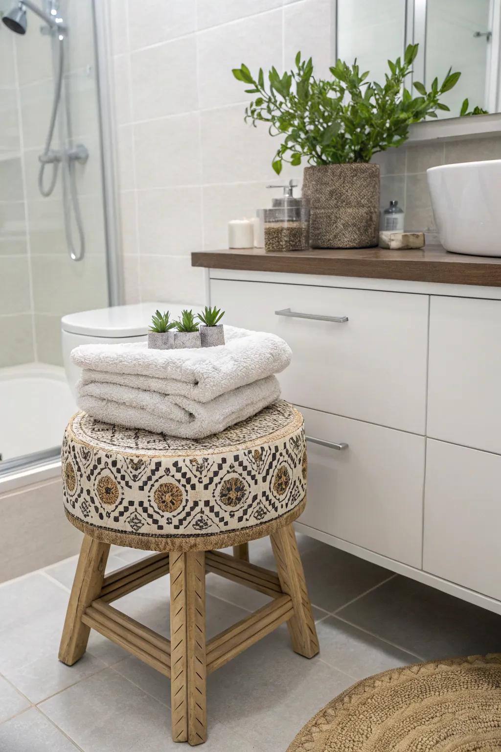 Ornamental footstools add both function and style to bathroom spaces.
