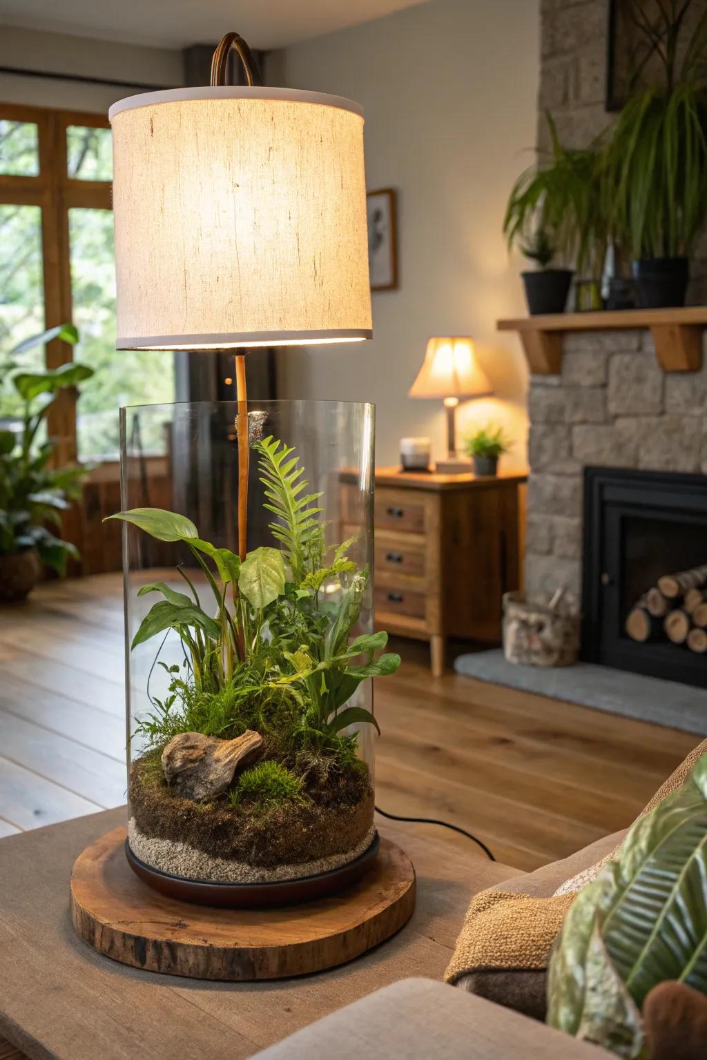 A terrarium lamp brings greenery and light to a living space.