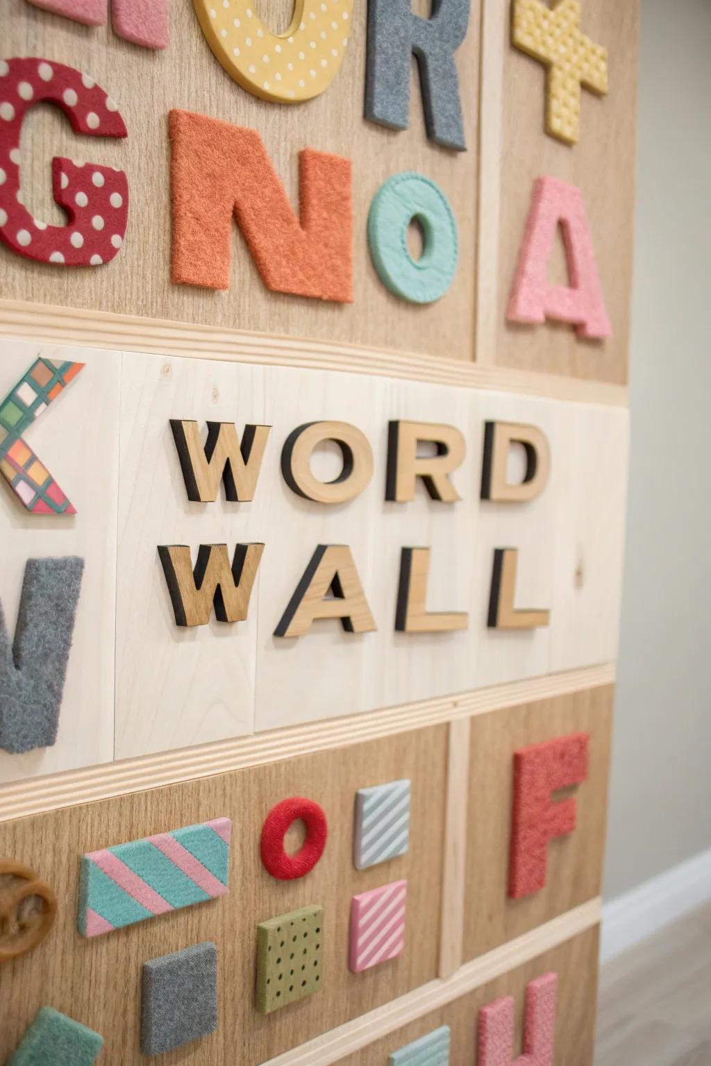 A tactile word wall with a variety of textures