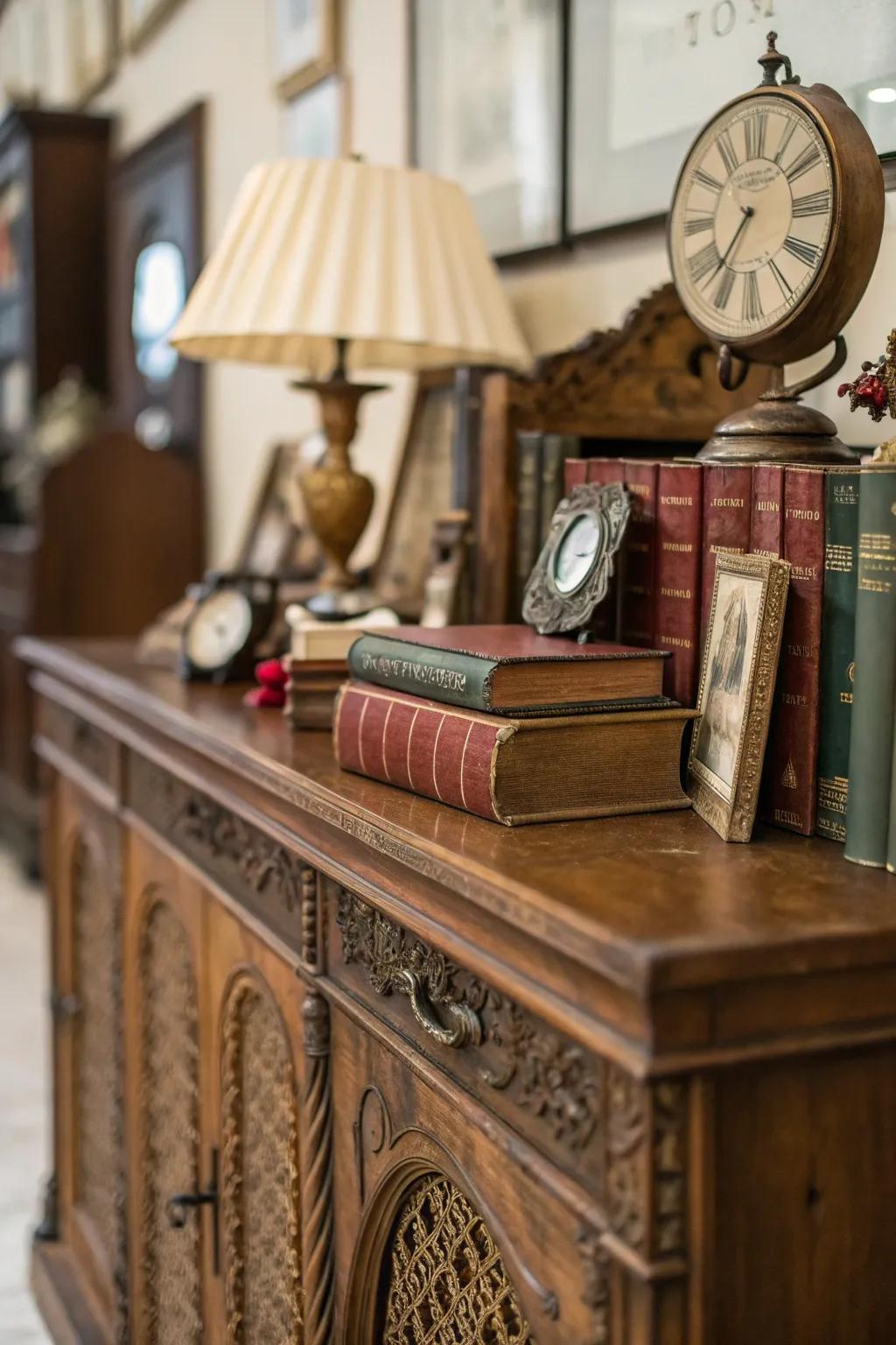 A credenza with charming vintage decor.