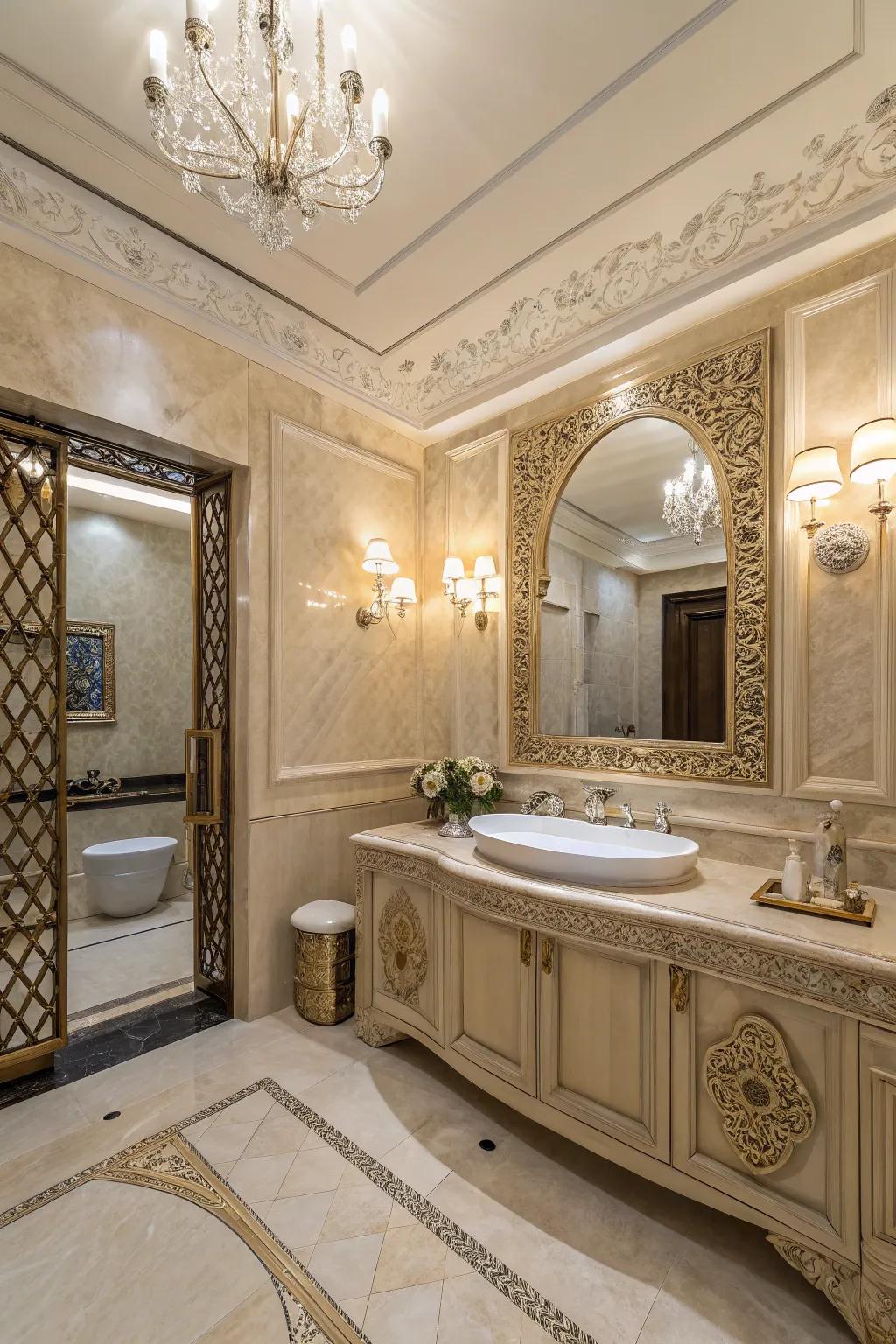 Ornamental details infuse character into a crema marfil bathroom.