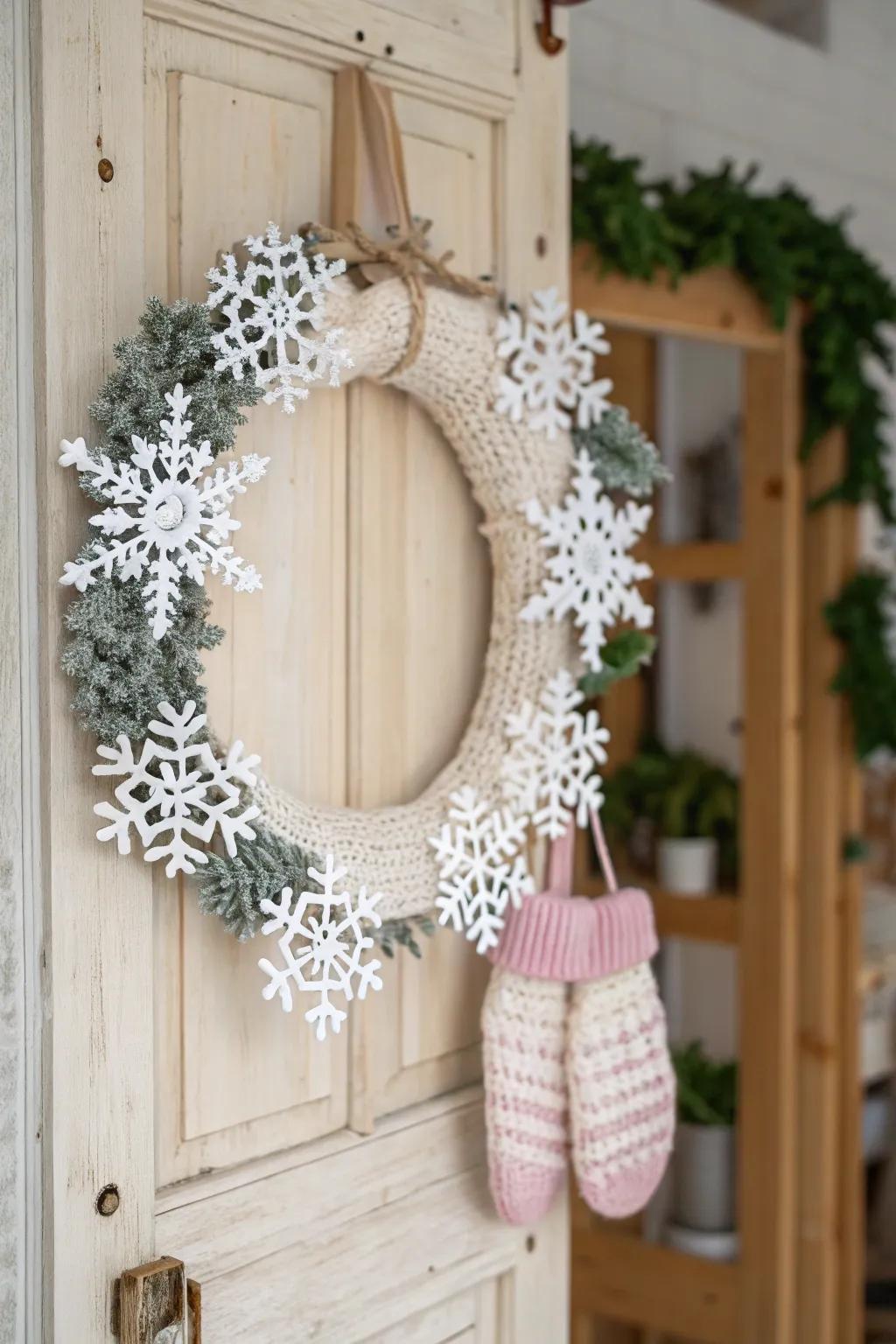 Transform your entryway into a snowy retreat with this charming crochet winter wreath.