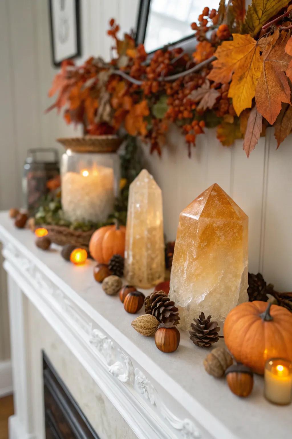 A mantel decorated with yellow crystals, captures the essence of fall.