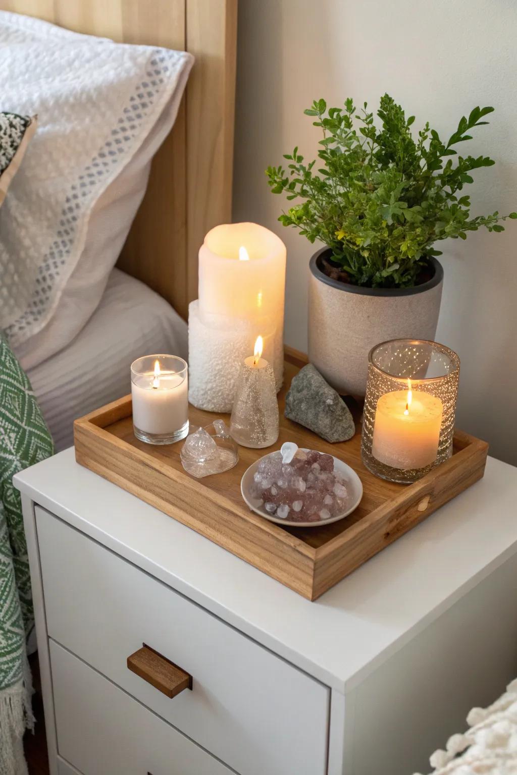 A serene bedroom exhibit spotlighting crystals and lights.