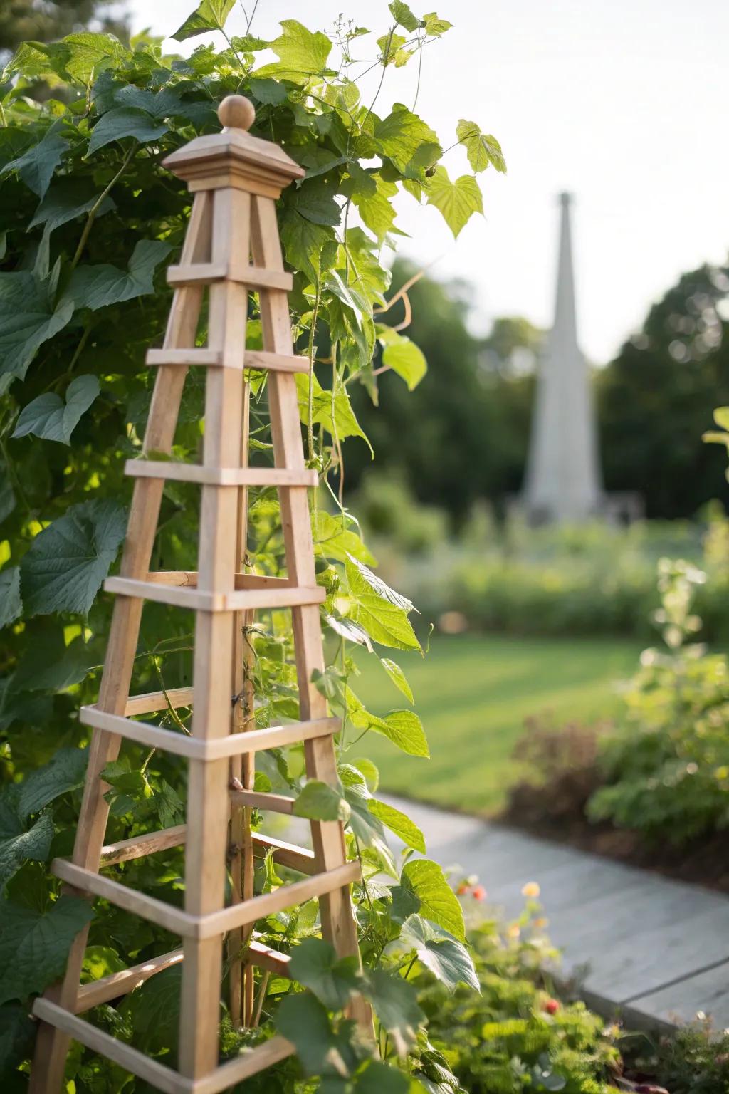 Enhance your garden's elegance with an ornamental tower support that blends simplicity and the splendor of nature.