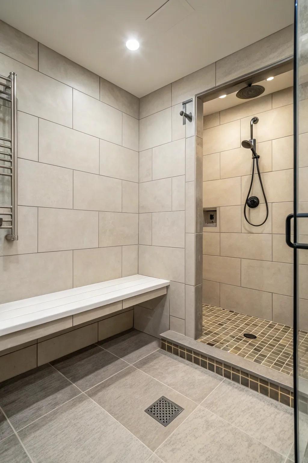 A built-in bench adds ease and a spa-like touch to this shower.