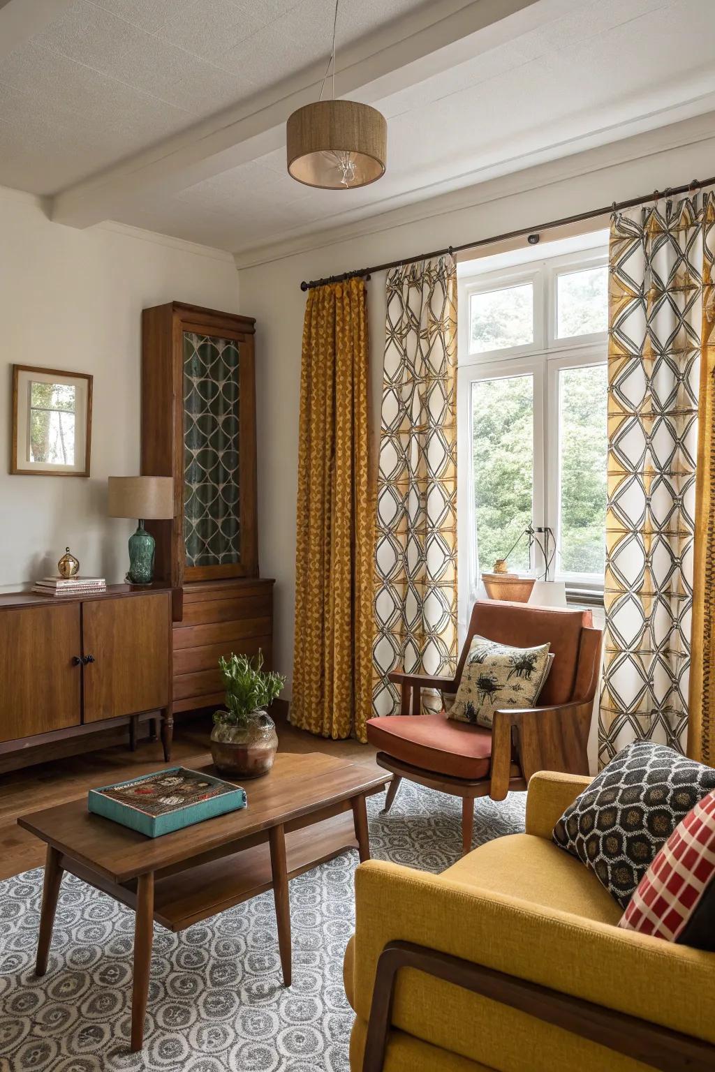 Geometric patterns add vintage charm.