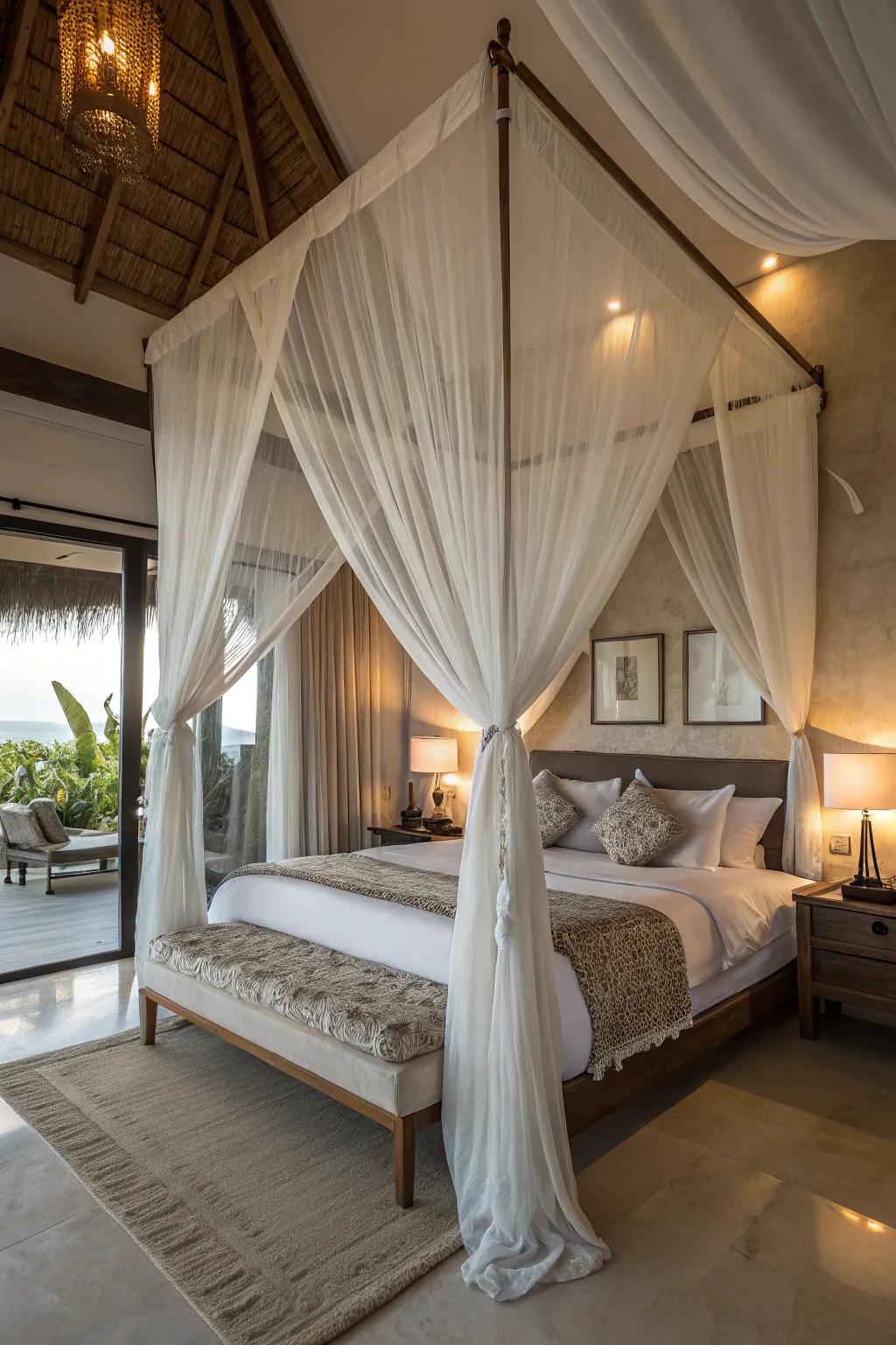 Sheer curtains add a canopy effect, enhancing luxury.