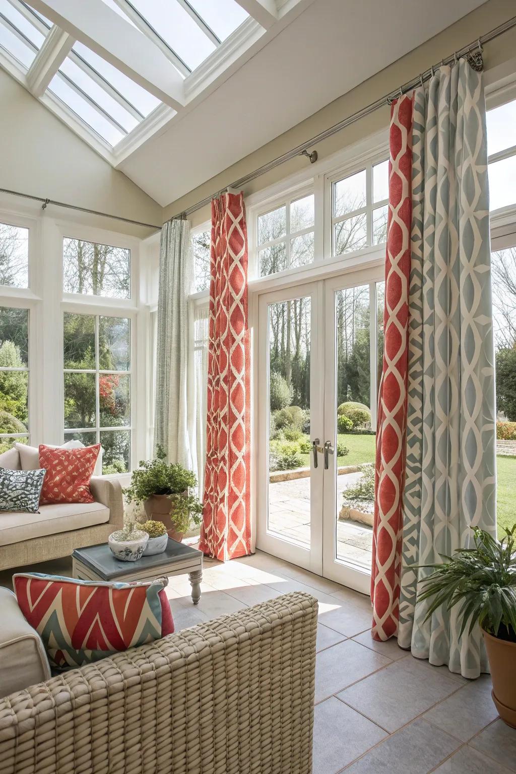 Geometric designs in curtains append a contemporary edge to your sunroom.