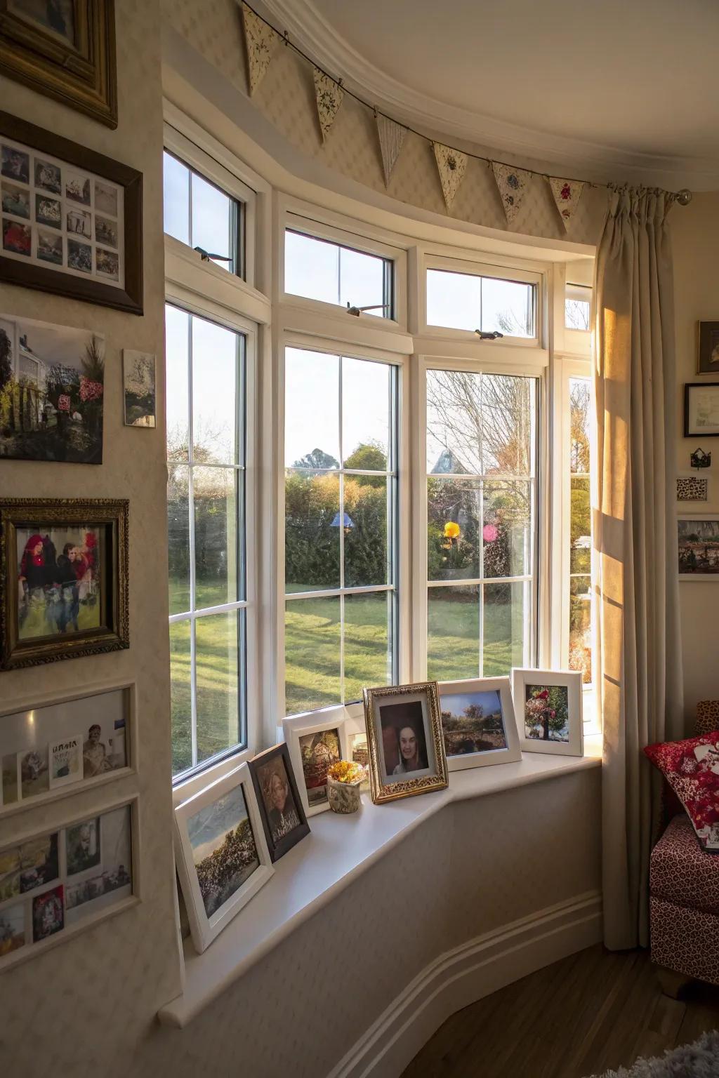 This curved bay window has photos and art for a unique touch.