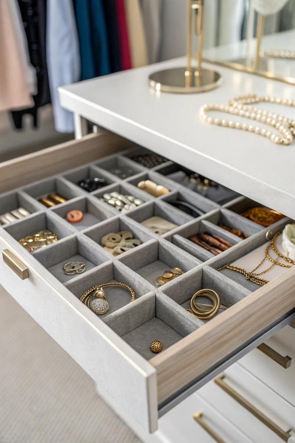 Drawer dividers retain neat organization of small items.
