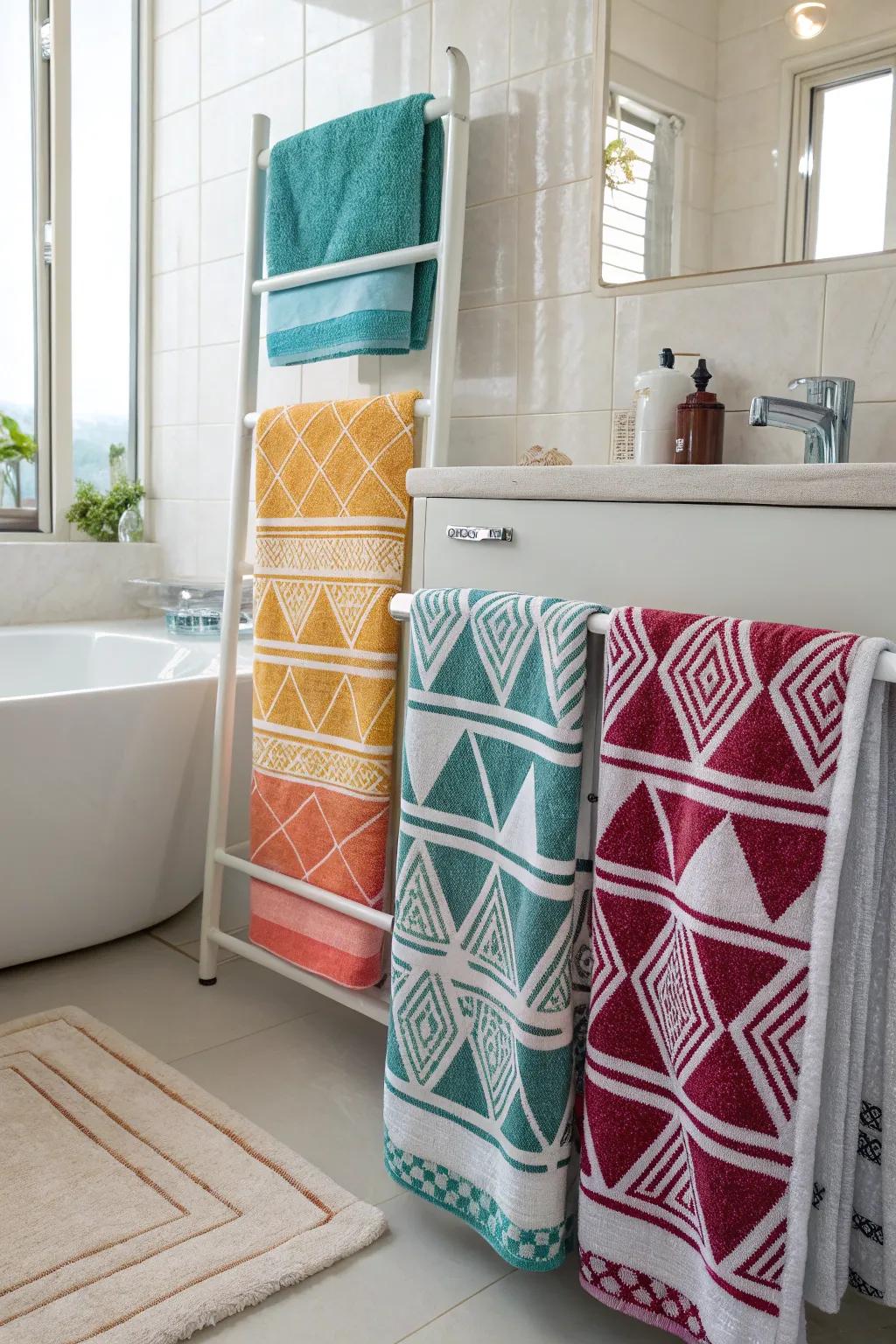 Artful towels contribute texture and color to your restroom design.