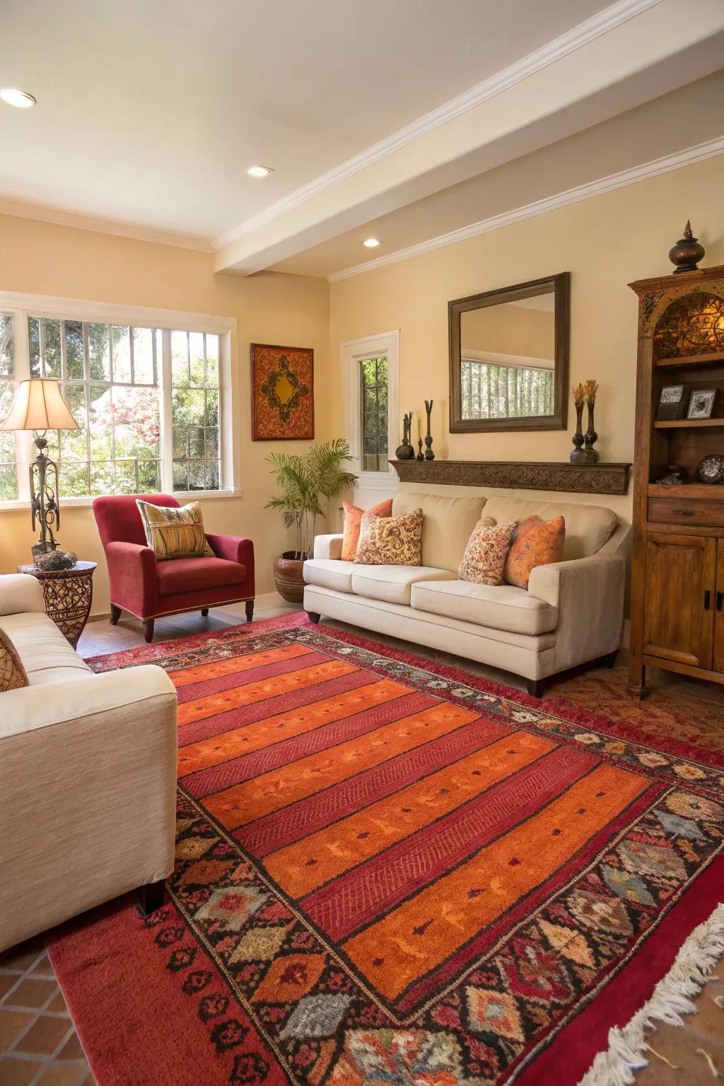 Energize your area with bold-colored rugs.