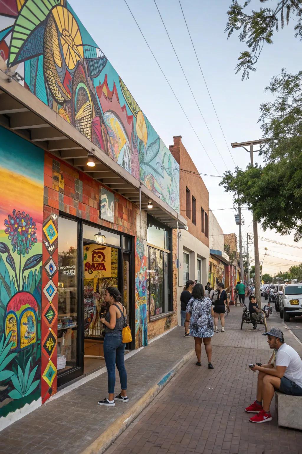 A storefront adorned with regional art, fashioning a community-centered cultural hub.