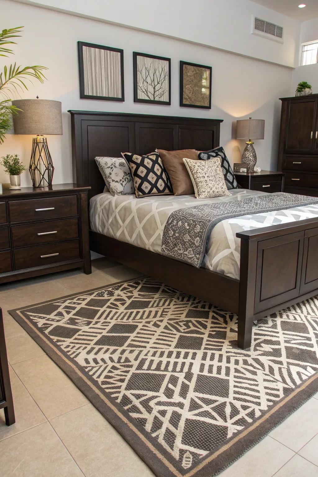 Shaped designs give a modern edge to deep brown settings.