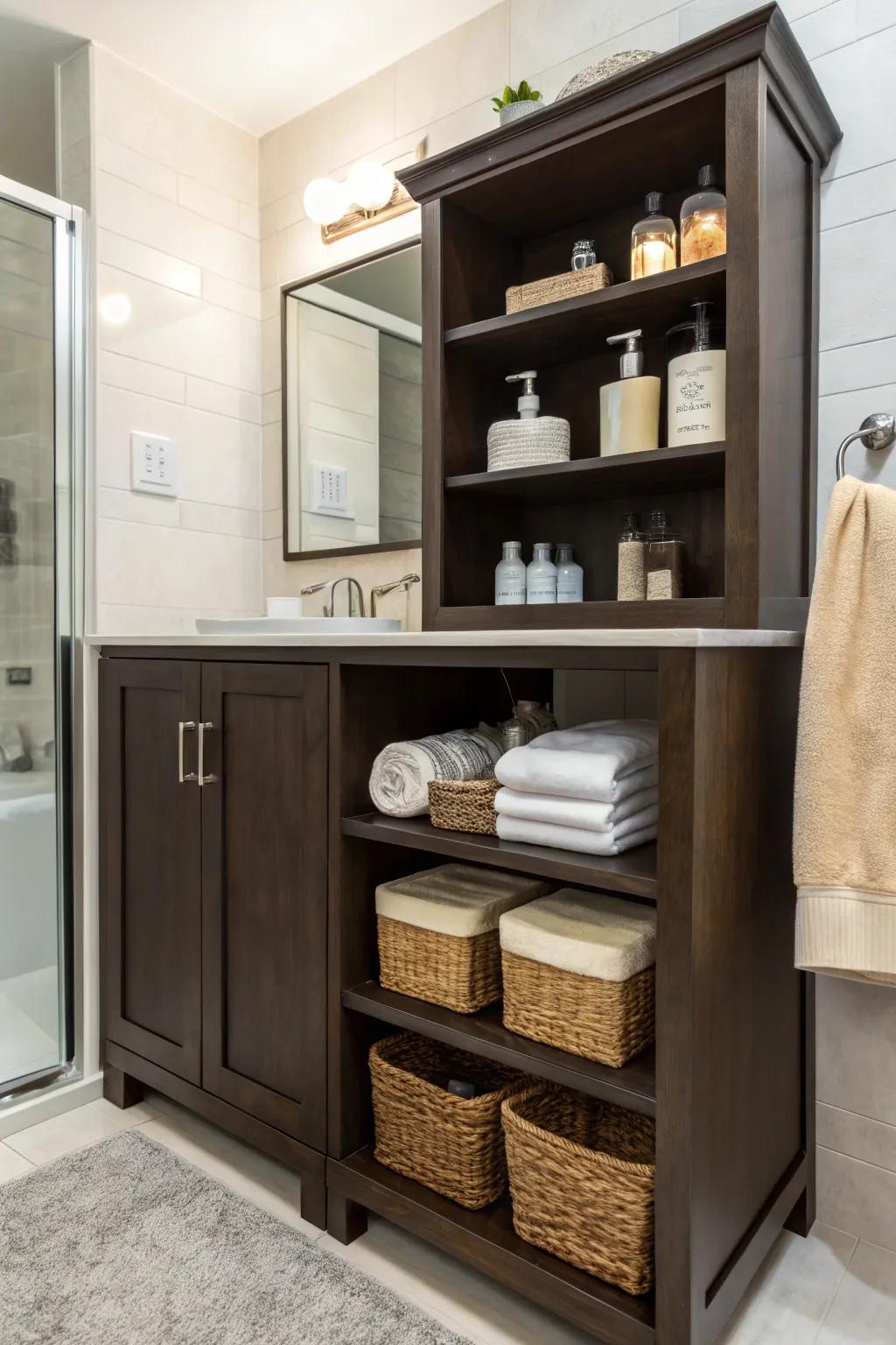 Uncovered shelving fashions a creative display around a dark brown vanity.