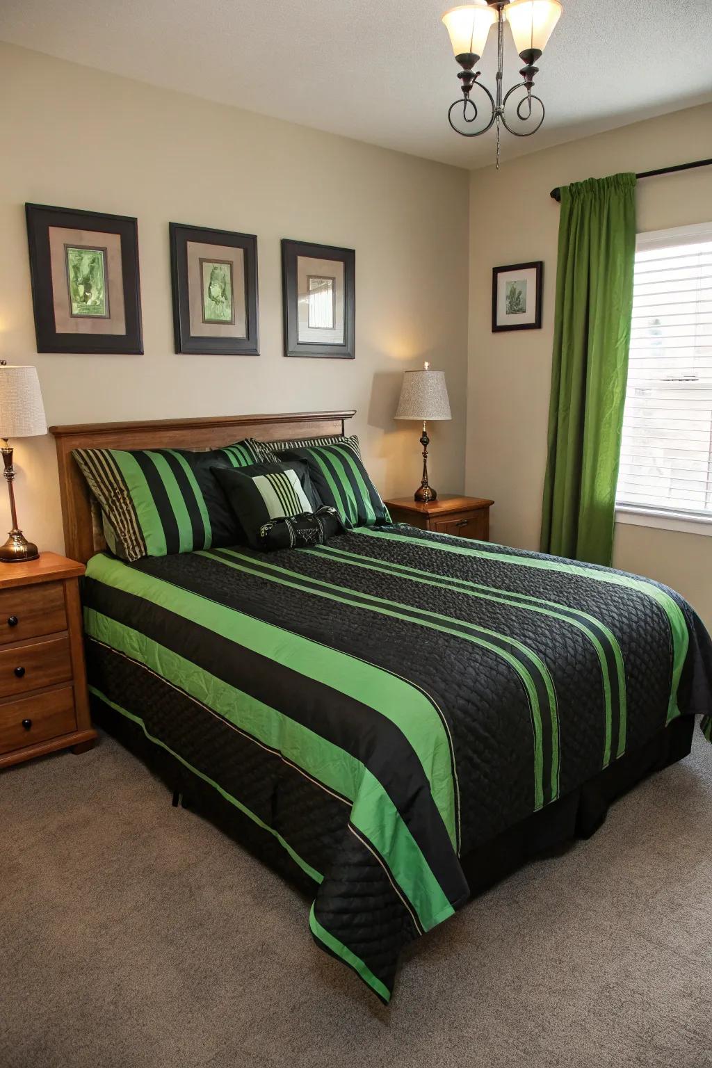 Striped bedding adds boldness to the design.