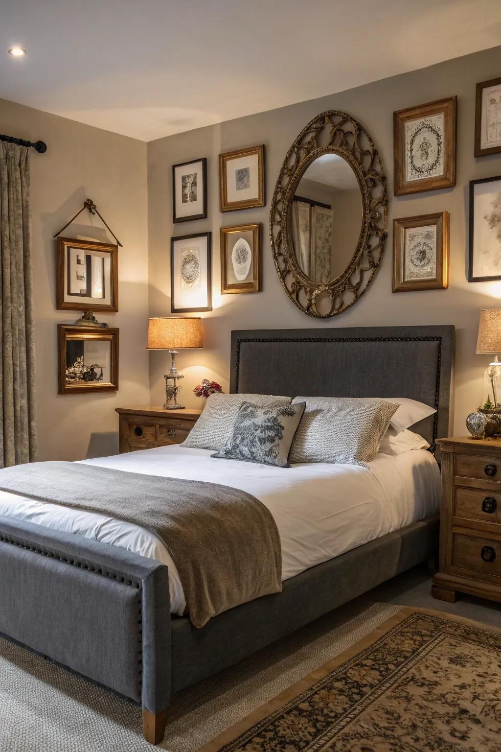 Mirrors reflect light and amplify the elegance of a grey-themed bedroom.